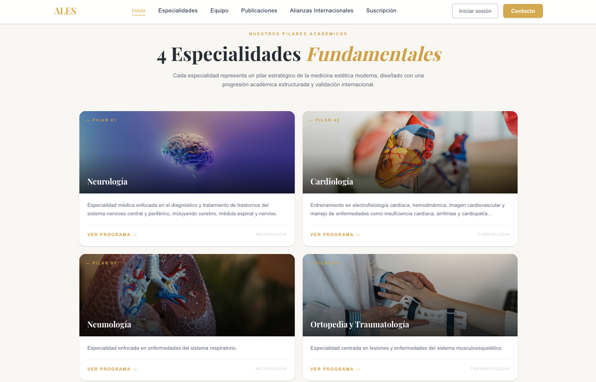 Vista de las 4 Especialidades Fundamentales: Neurología, Cardiología, Neumología y Ortopedia
