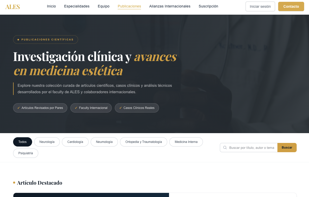 Sección de publicaciones científicas con filtros por especialidad