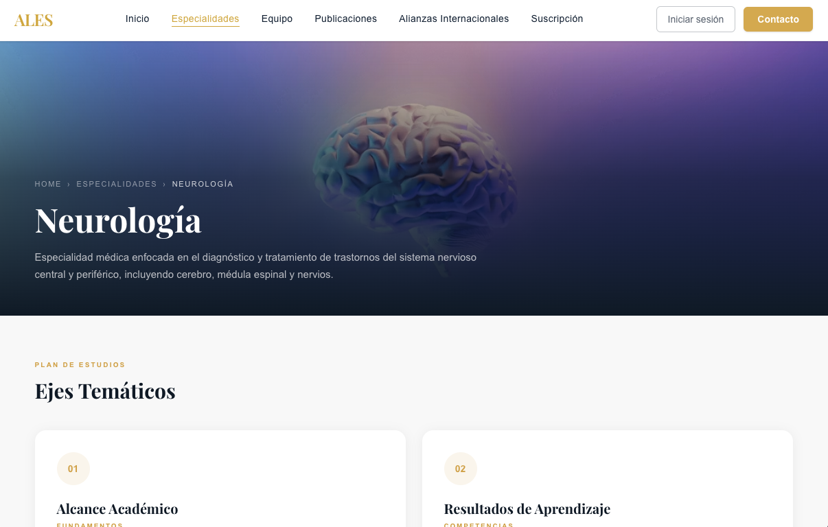 Página de detalle de la especialidad de Neurología con ejes temáticos
