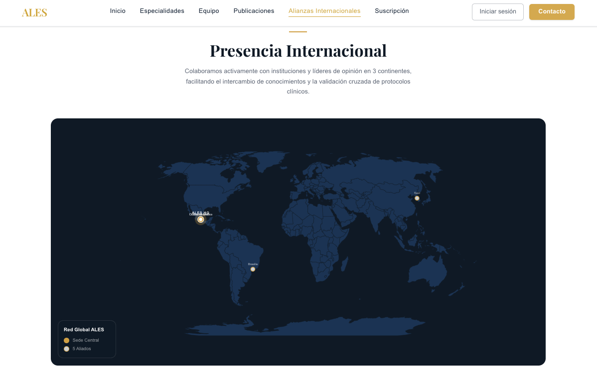 Mapa interactivo de la presencia internacional de ALES — sede central y 5 aliados en 3 continentes