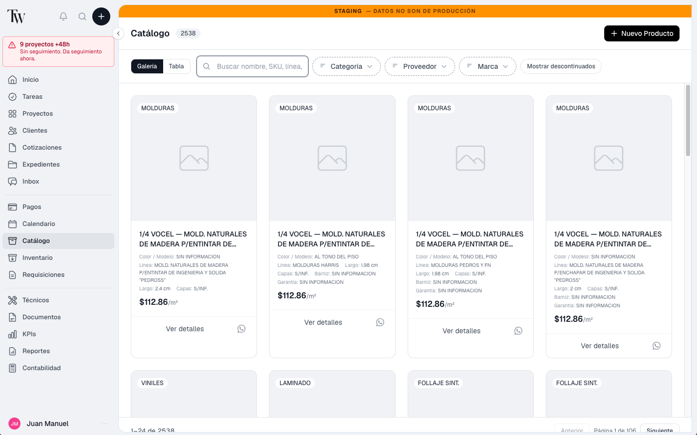 Catálogo de productos y materiales dentro del CRM