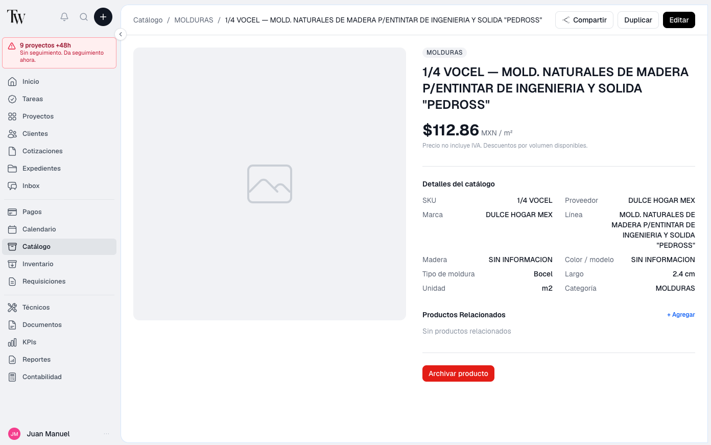 Vista de detalle de un producto del catálogo en el CRM